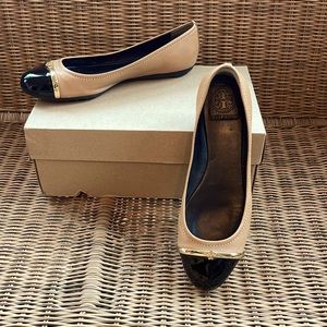 Tory Burch Black, Tan and Gold a leather Flats, size 8.5